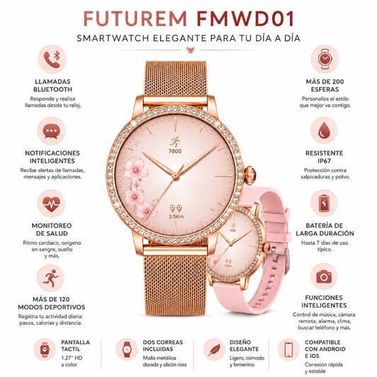 SMARTWATCH FUTUREM DW01 (DORADO) + AUDIFONOS G-TIDE L42 (ROSA) + BOCINA SANAG X6S (ROSA)