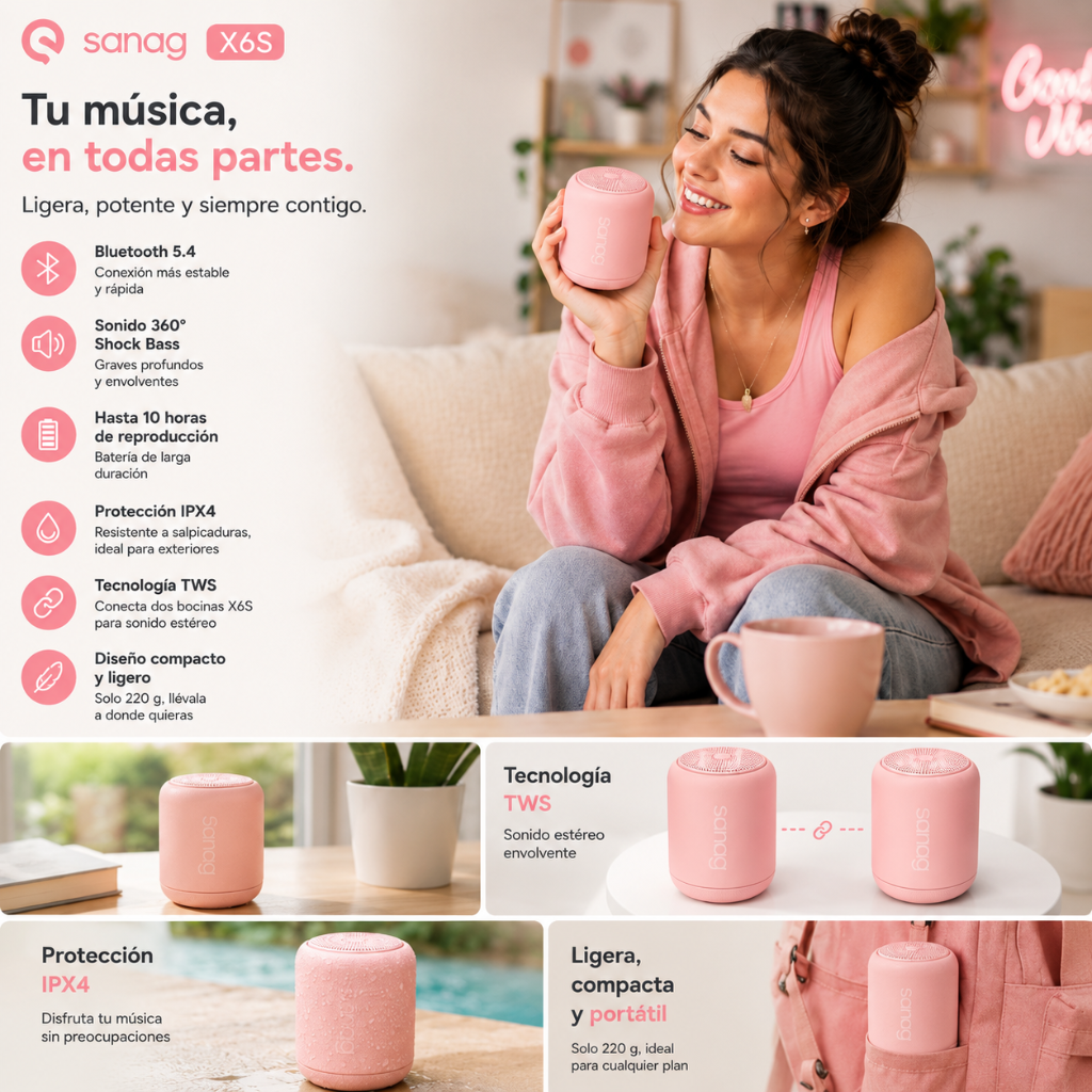SMARTWATCH FUTUREM DW01 (DORADO) + AUDIFONOS G-TIDE L42 (ROSA) + BOCINA SANAG X6S (ROSA)