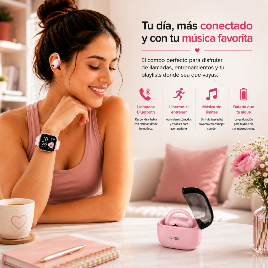 Smartwatch Futurem FM13 (Rosa) + Audifonos G-tide OWS 8 (Rosa)