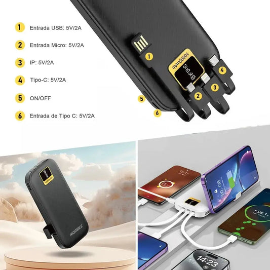 Power Bank 10000mAh Moreka Negro con 4 Cables Integrados Tipo C Micro IP Soporte para Celular Carga Rápida 2A