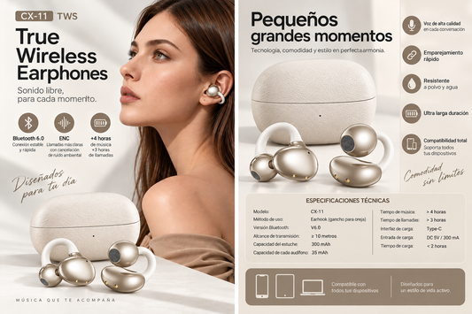 Audífonos clip Bluetooth TWS CX-11 Earhook ENC USB-C Dorados