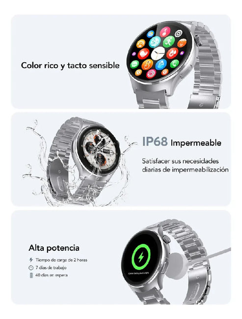 Smartwatch Metálico, Reloj Inteligente W&O Llamadas, Notificaciones, Salud, Deporte, Impermeable (color Plateado)