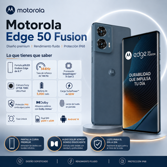 Motorola Edge 50 Fusion 5G 256GB Azul Pantalla pOLED 144Hz, Cámara Sony LYTIA 50MP, Carga 68W