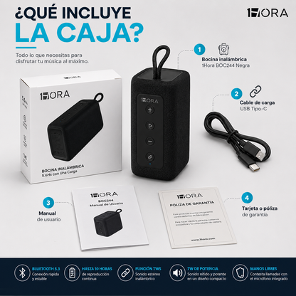 Bocina Bluetooth 1HORA BOC244 Negra Portátil con Sonido Estéreo y TWS