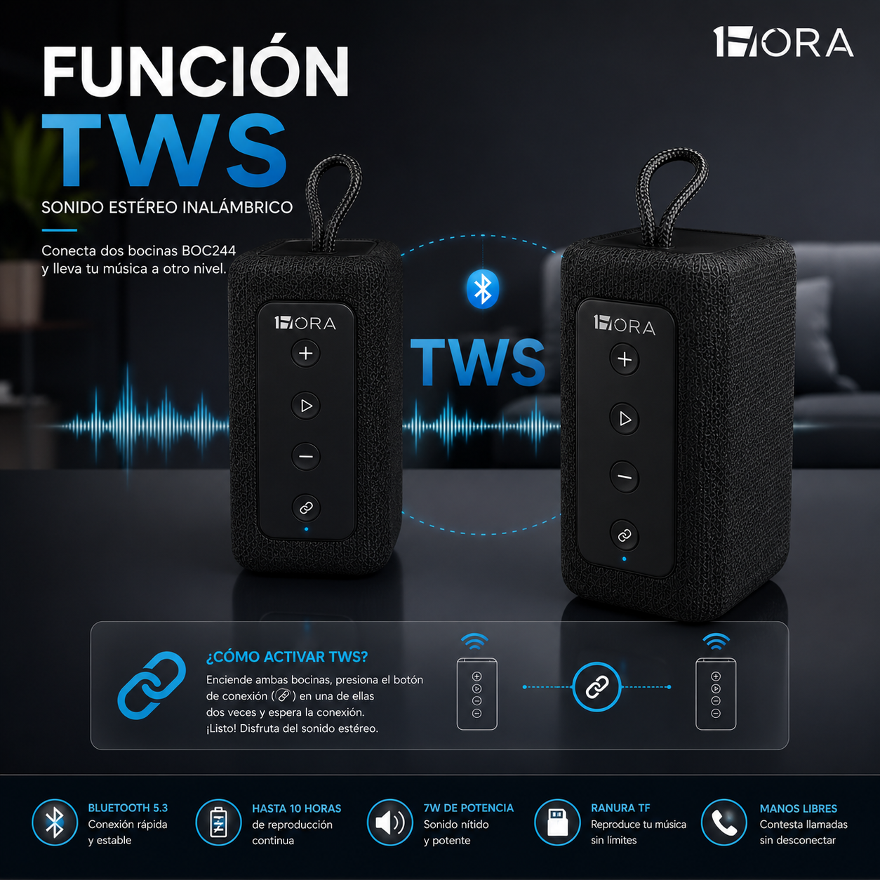 Bocina Bluetooth 1HORA BOC244 Negra Portátil con Sonido Estéreo y TWS