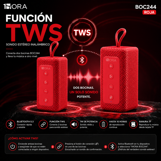 Bocina Bluetooth 1HORA BOC244 Roja Portátil con Sonido Estéreo y TWS