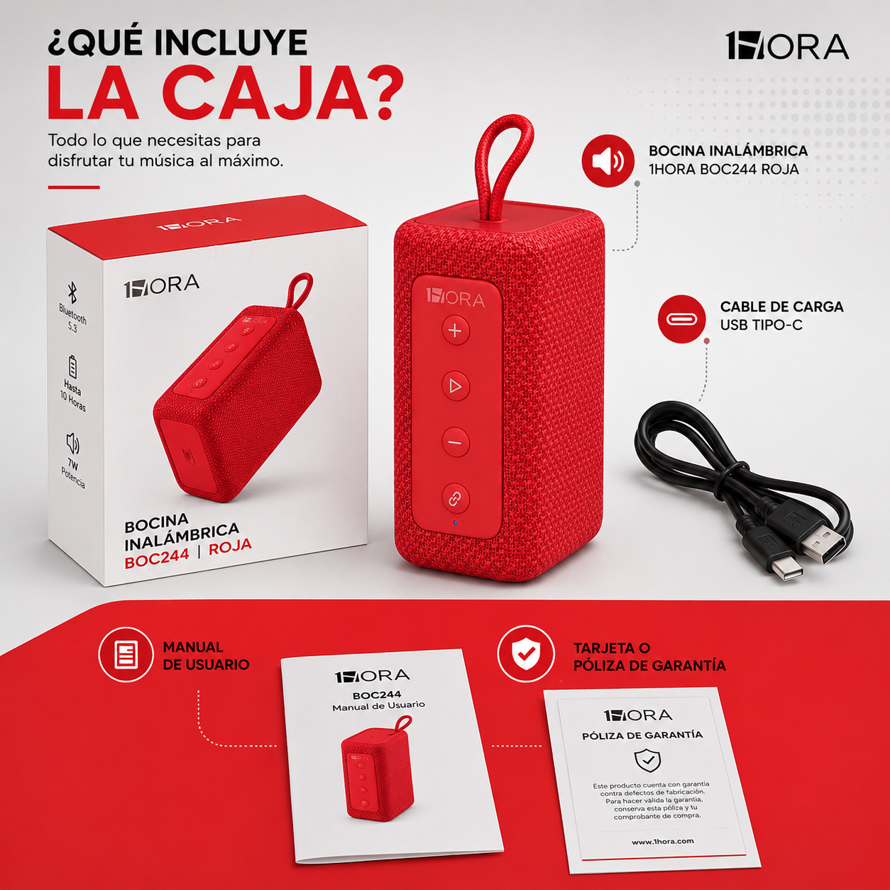 Bocina Bluetooth 1HORA BOC244 Roja Portátil con Sonido Estéreo y TWS