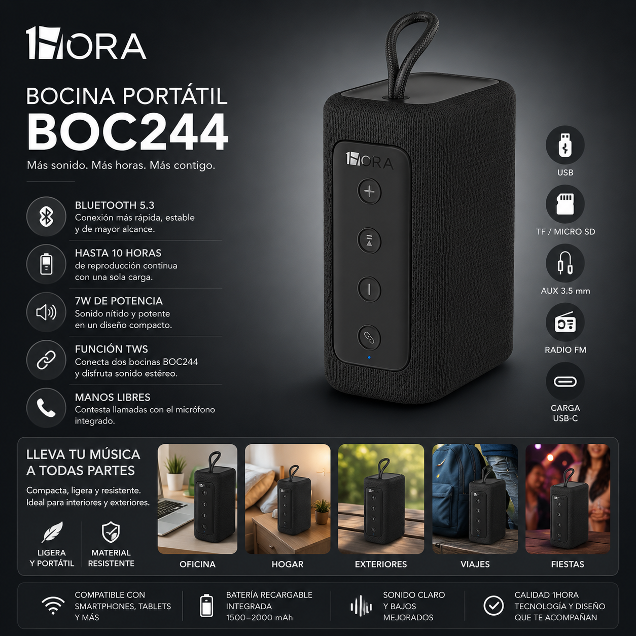Bocina Bluetooth 1HORA BOC244 Negra Portátil con Sonido Estéreo y TWS