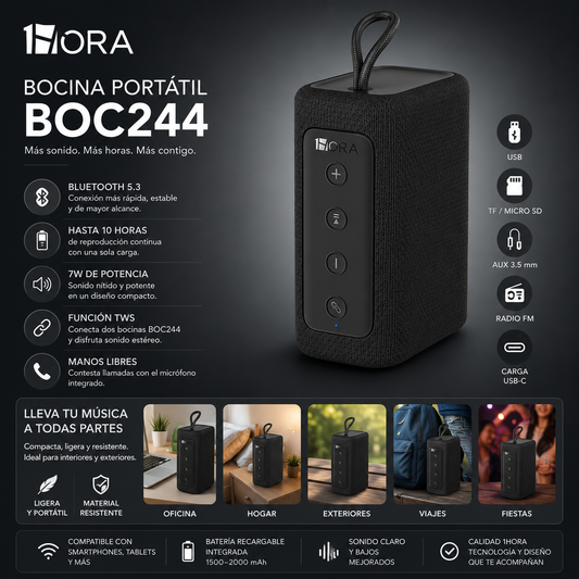 Bocina Bluetooth 1HORA BOC244 Negra Portátil con Sonido Estéreo y TWS