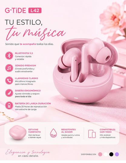 Set Audífonos In-Ear audífonos l42 rosa con smartwatch futurem fm13 rosa inalámbrica con cancelación de ruido