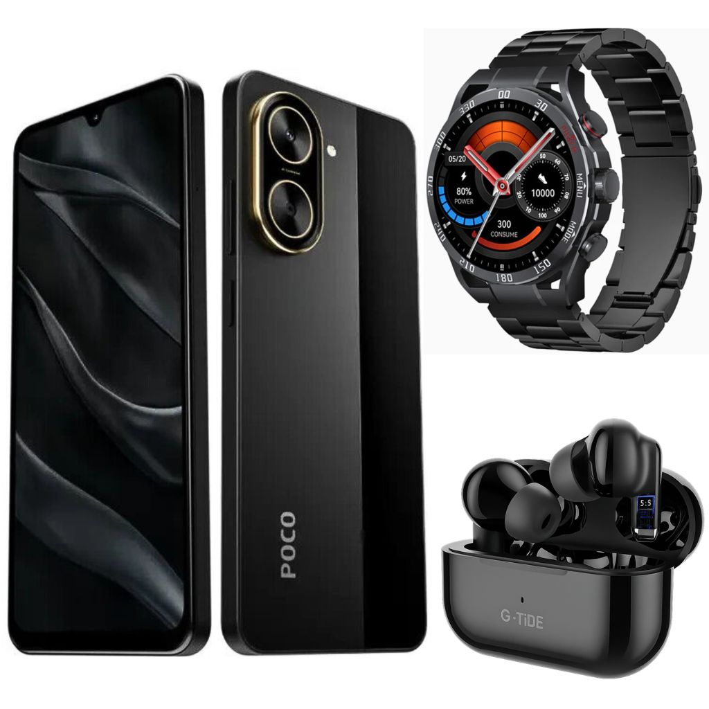 Smartphone XIAOMI POCO C71 4/128 GB Negro con Smartwatch FILWANS GTR Negro y Audifonos G-Tide L22 Negro