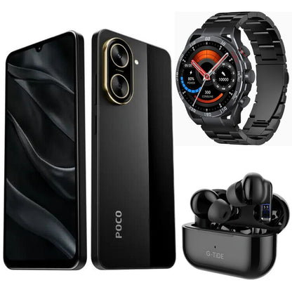 Smartphone XIAOMI POCO C71 4/128 GB Negro con Smartwatch FILWANS GTR Negro y Audifonos G-Tide L22 Negro