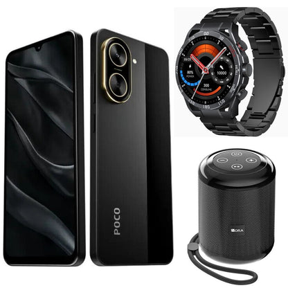 Smartphone XIAOMI POCO C71 4/128 GB Negro con Smartwatch FILWANS GTR Negro y Bocina 1HORA BOC062