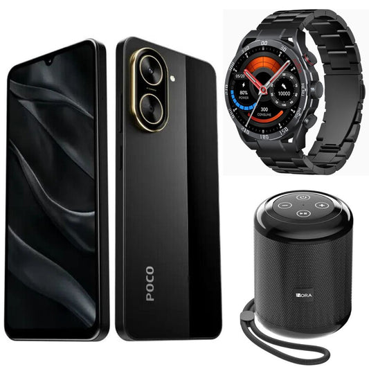 Smartphone XIAOMI POCO C71 4/128 GB Negro con Smartwatch FILWANS GTR Negro y Bocina 1HORA BOC062