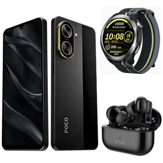 Smartphone XIAOMI POCO C71 4/128 GB Negro con Smartwatch FILWANS GTR Lite Negro y Audifonos G-Tide L22 Negro