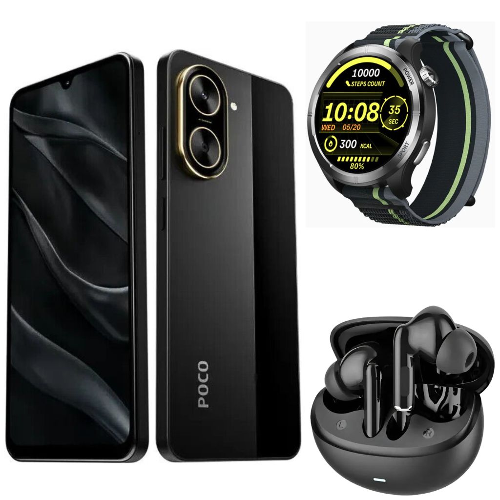 Smartphone XIAOMI POCO C71 4128 GB (negro) con Smartwatch FILWANS GTR Lite (negro) y Audifonos G-Tide L42 (negro)
