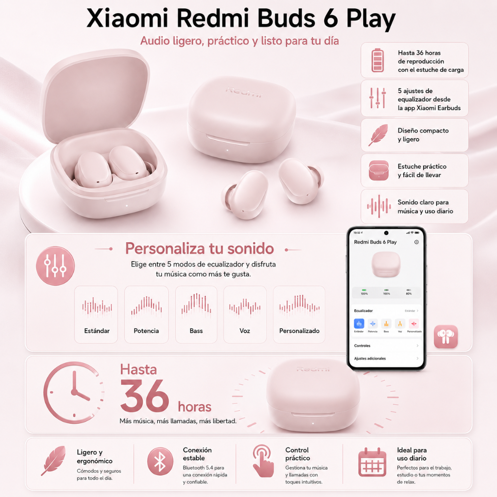 SMARTWATCH FUTUREM DW01 (DORADO) + AUDIFONOS REDMI BUDS 6 PLAY (ROSA) + BOCINA SANAG X6S (ROSA)