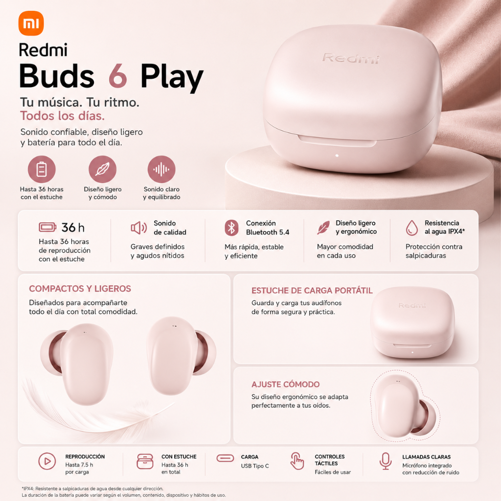 SMARTWATCH FUTUREM DW01 (DORADO) + AUDIFONOS REDMI BUDS 6 PLAY (ROSA)