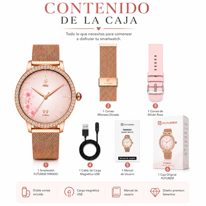 SMARTWATCH FUTUREM DW01 (DORADO) + AUDIFONOS G-TIDE OWS 8 (ROSA)