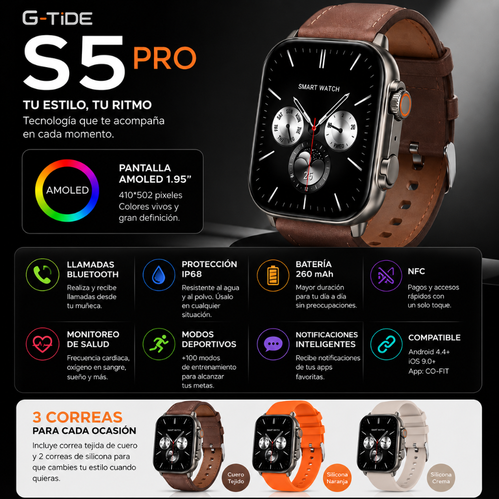 SMARTWATCH G-TIDE S5 PRO (CORREAS: CUERO, MARFIL, NARANJA) + AUDIFONOS HH MORE MINI T-35 (DORADO)