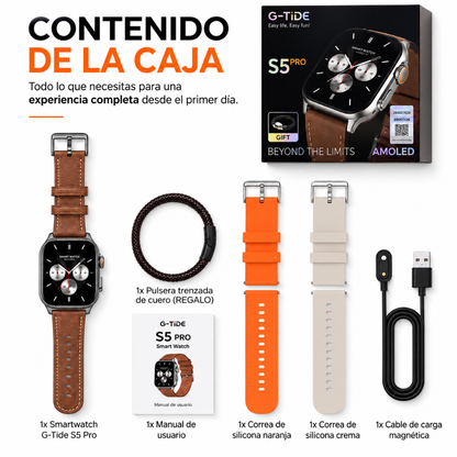 SMARTWATCH G-TIDE S5 PRO (CORREAS: CUERO, MARFIL, NARANJA) + AUDIFONOS HH MORE MINI T-35 (DORADO)
