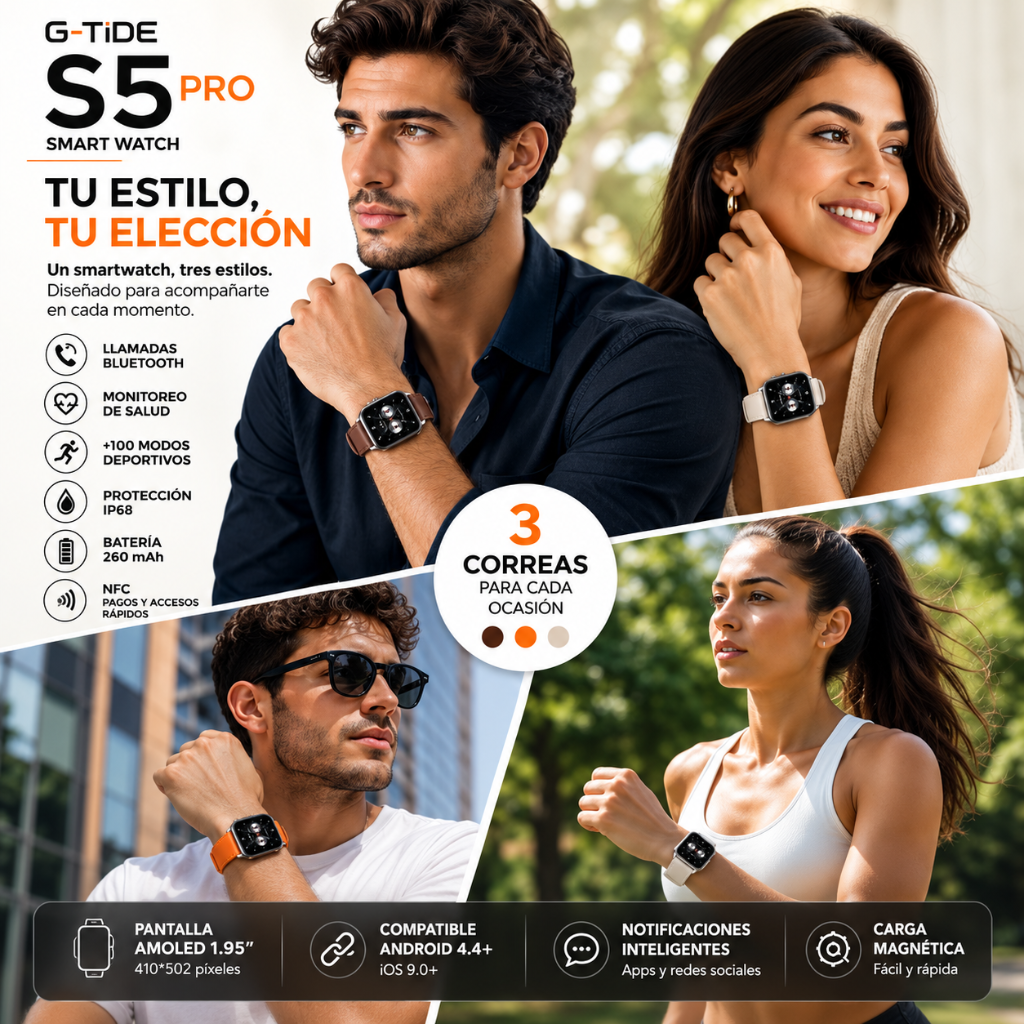 SMARTWATCH G-TIDE S5 PRO (CORREAS: CUERO, MARFIL, NARANJA) + AUDIFONOS HH MORE MINI T-35 (DORADO)
