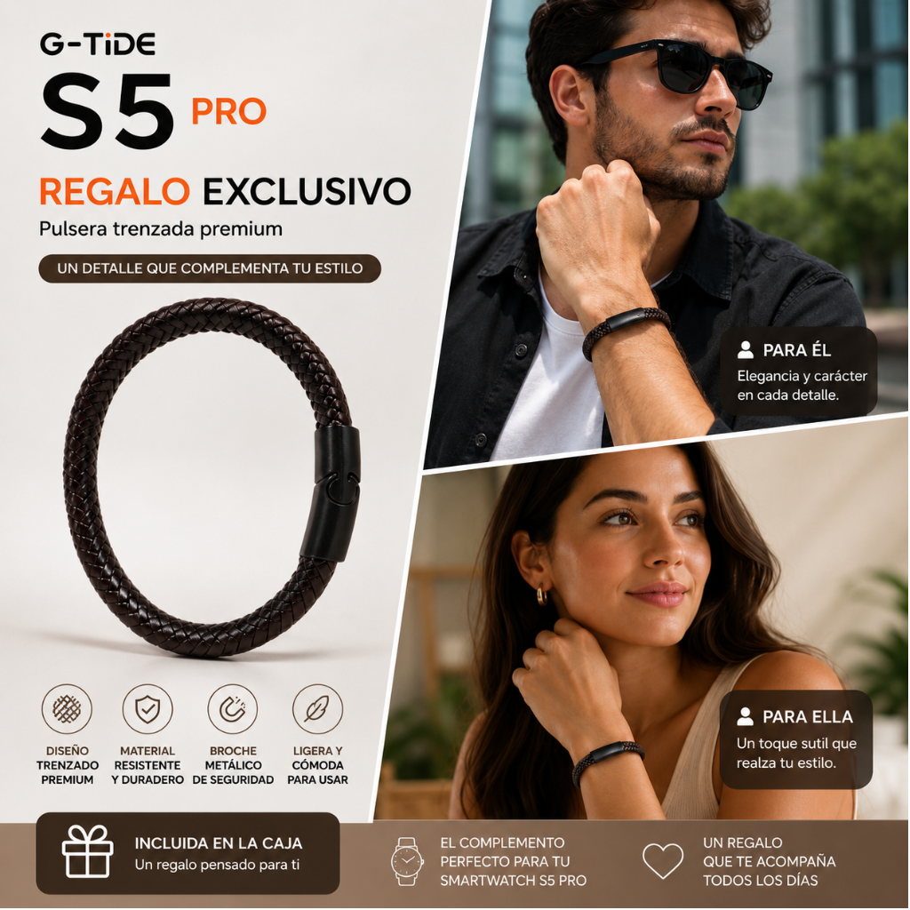 SMARTWATCH G-TIDE S5 PRO (CORREAS: CUERO, MARFIL, NARANJA) + AUDIFONOS HH MORE MINI T-35 (DORADO)
