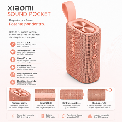 BOCINA XIAOMI SOUND POCKET (ROSA)+ SMARTWATCH FILWANS GTS MINI (DORADA) + AUDIFONOS G-TIDE OWS8 (ROSA)