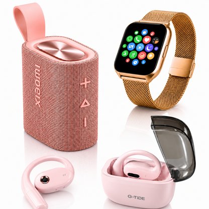 BOCINA XIAOMI SOUND POCKET (ROSA)+ SMARTWATCH FILWANS GTS MINI (DORADA) + AUDIFONOS G-TIDE OWS8 (ROSA)
