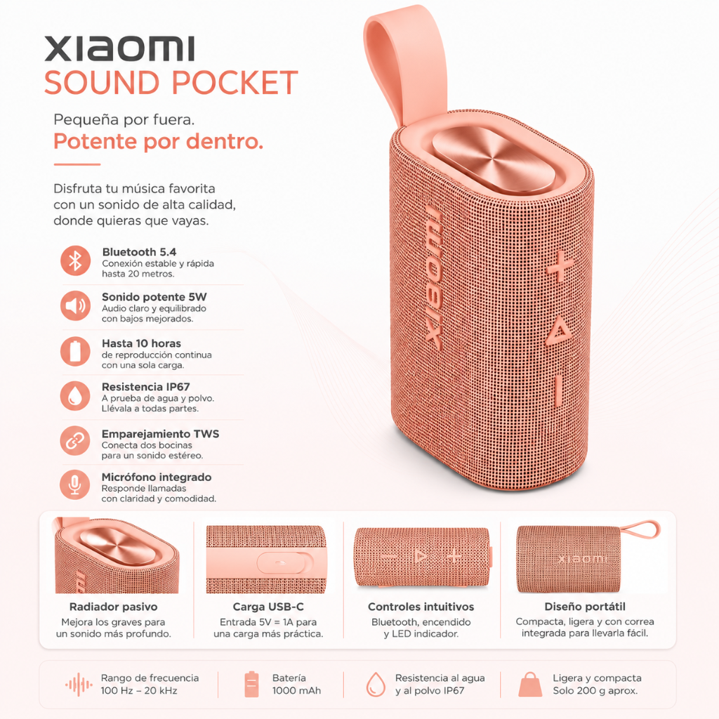 BOCINA XIAOMI SOUND POCKET (ROSA) + SMARTWATCH G-TIDE R5 (DORADA)