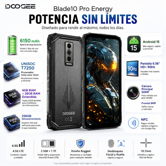 SMARTPHONE DOOGEE BLADE 10 PRO ENERGY + SMARTWATCH G-TIDE R6 PRO (NEGRA) Y BOCINA G-TIDE SV-30