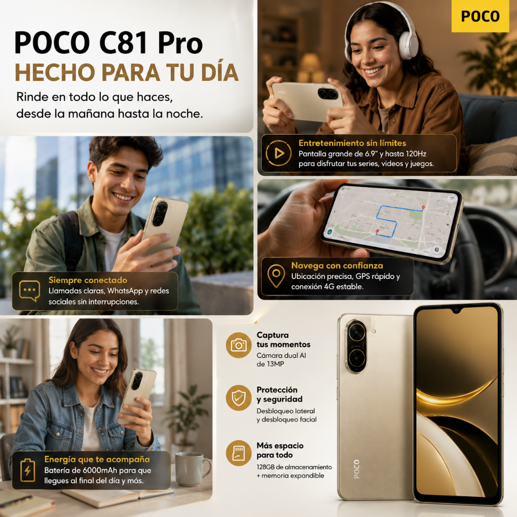 Xiaomi POCO C81 Pro + Smartwatch Filwans GTS Mini + Audífonos SABALA ST-765