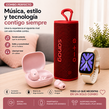 AUDIFONOS REDMI BUDS 6 PLAY (ROSA) + SMARTWATCH FILWANS GTS MINI (DORADA) + BOCINA SANAG M15 (ROJA)
