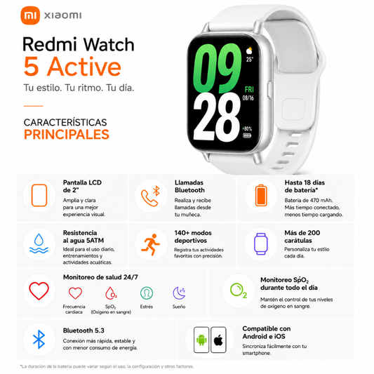 SMARTWATCH REDMI WATCH 5 ACTIVE (PLATA) + POWER BANK G-TIDE P1 10000Mha (BLANCO) + AUDIFONOS G-TIDE H21 (PLATA)