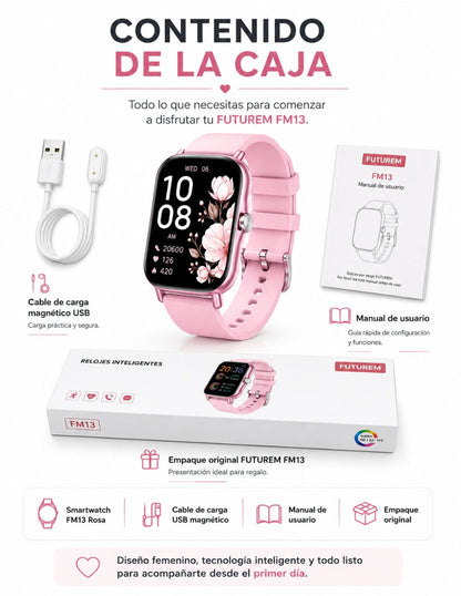 Set Audífonos In-Ear audífonos l42 rosa con smartwatch futurem fm13 rosa inalámbrica con cancelación de ruido