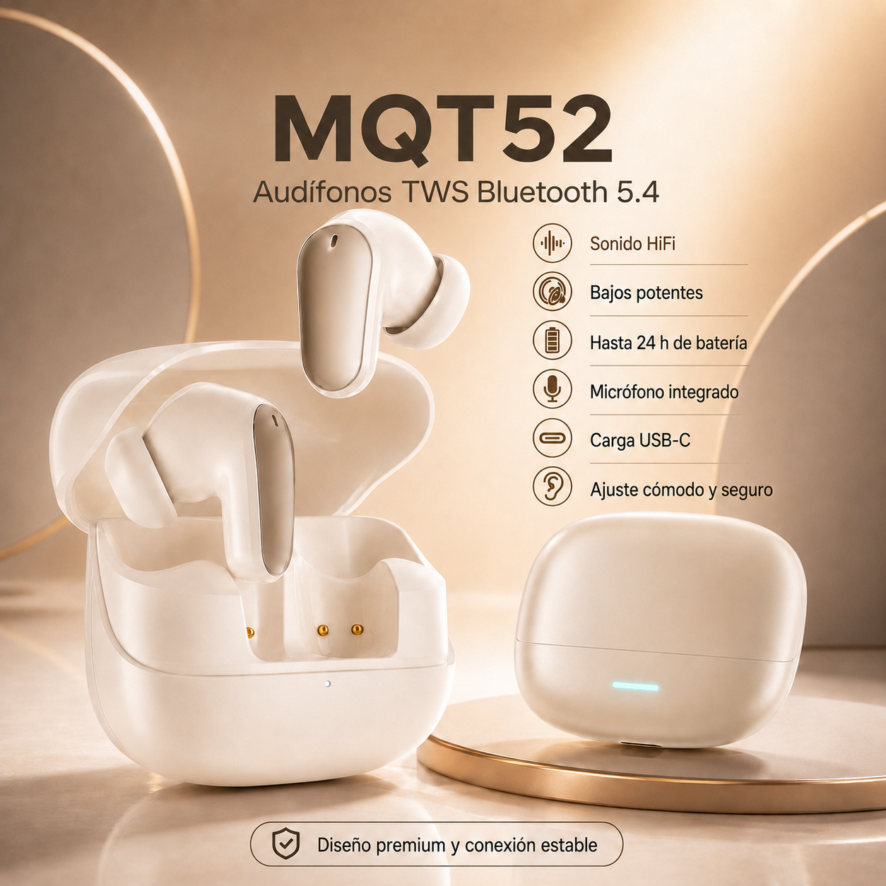 Audífonos  Bluetooth 5.4 TWS HiFi MQT52 con Micrófono, Bajos Potentes y Estuche USB-C