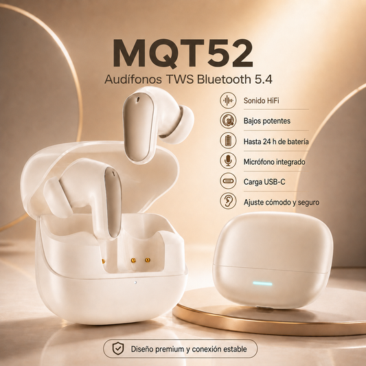 Audífonos  Bluetooth 5.4 TWS HiFi MQT52 con Micrófono, Bajos Potentes y Estuche USB-C