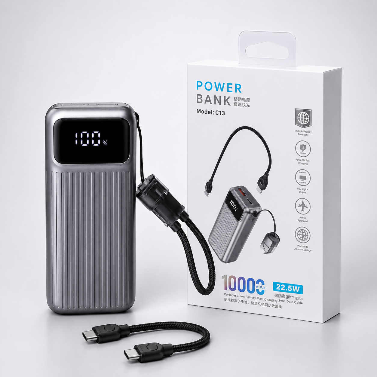 Power Bank C13 10,000mAh 22.5W Carga Rápida con Cables Integrados y Pantalla Digital