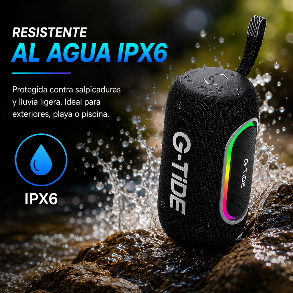 Bocina G-tide SV80. Resistente al agua con Sonido Hi-Fi y Luces LED