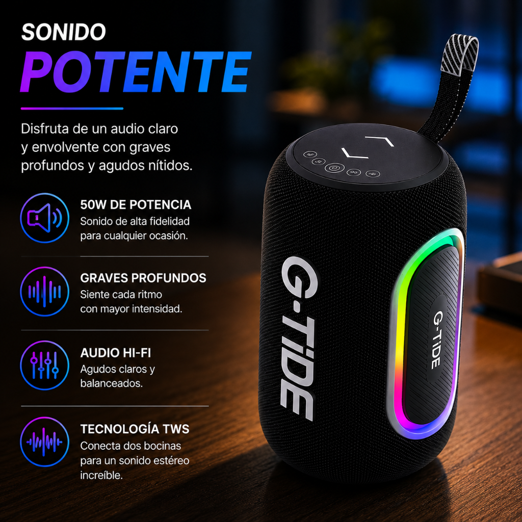Bocina G-tide SV80. Resistente al agua con Sonido Hi-Fi y Luces LED