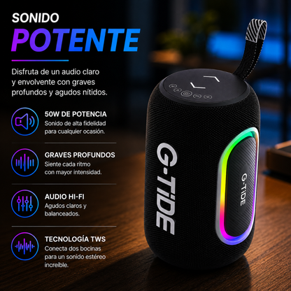 Bocina G-tide SV80. Resistente al agua con Sonido Hi-Fi y Luces LED