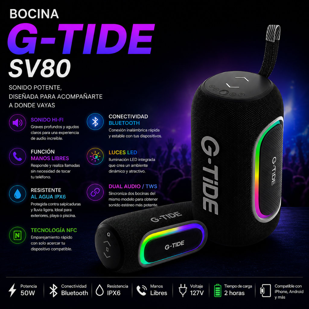 Bocina G-tide SV80. Resistente al agua con Sonido Hi-Fi y Luces LED