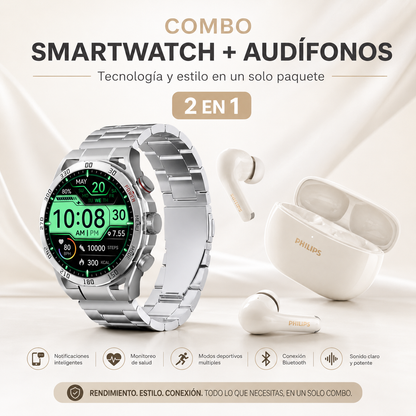 Combo Premium Filwans GTR + Philips TAT1320WT  Smartwatch AMOLED con Llamadas + Audífonos Bluetooth