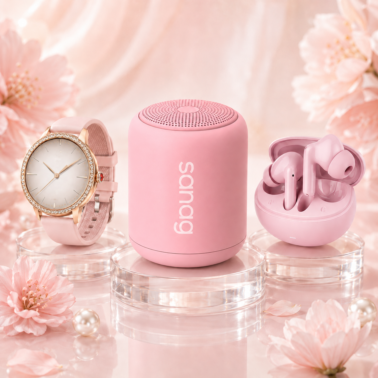 Combo Smartwatch Elegante para Dama Rosé + Audífonos G-Tide L42 Rosa + Bocina Bluetooth Sanag X6S