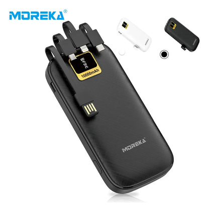 Power Bank 10000mAh Moreka  Negro con 4 Cables Integrados Tipo C Micro IP Soporte para Celular Carga Rápida 2A