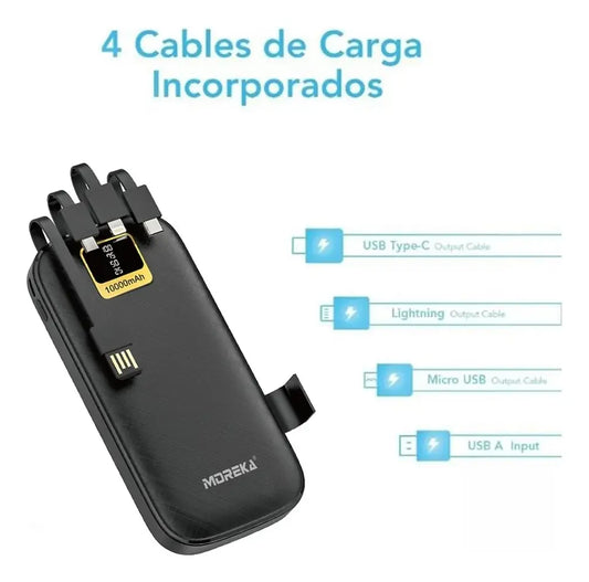 Power Bank 10000mAh Moreka  Negro con 4 Cables Integrados Tipo C Micro IP Soporte para Celular Carga Rápida 2A