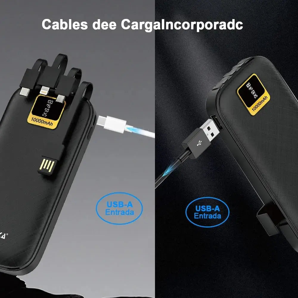 Power Bank 10000mAh Moreka  Negro con 4 Cables Integrados Tipo C Micro IP Soporte para Celular Carga Rápida 2A