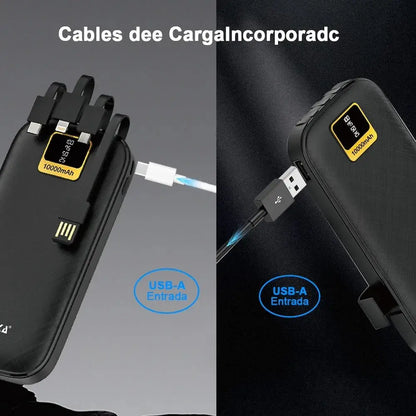 Power Bank 10000mAh Moreka  Negro con 4 Cables Integrados Tipo C Micro IP Soporte para Celular Carga Rápida 2A