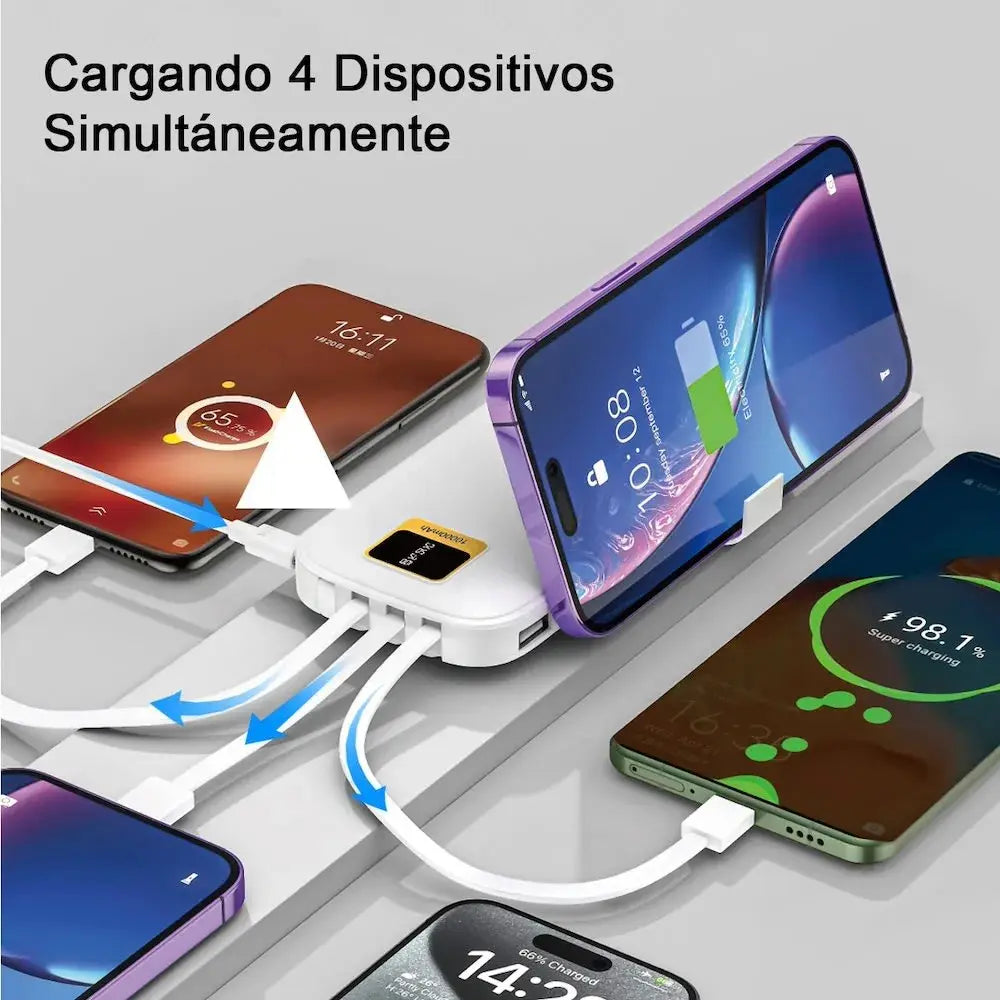 Power Bank 10000mAh Moreka  Negro con 4 Cables Integrados Tipo C Micro IP Soporte para Celular Carga Rápida 2A