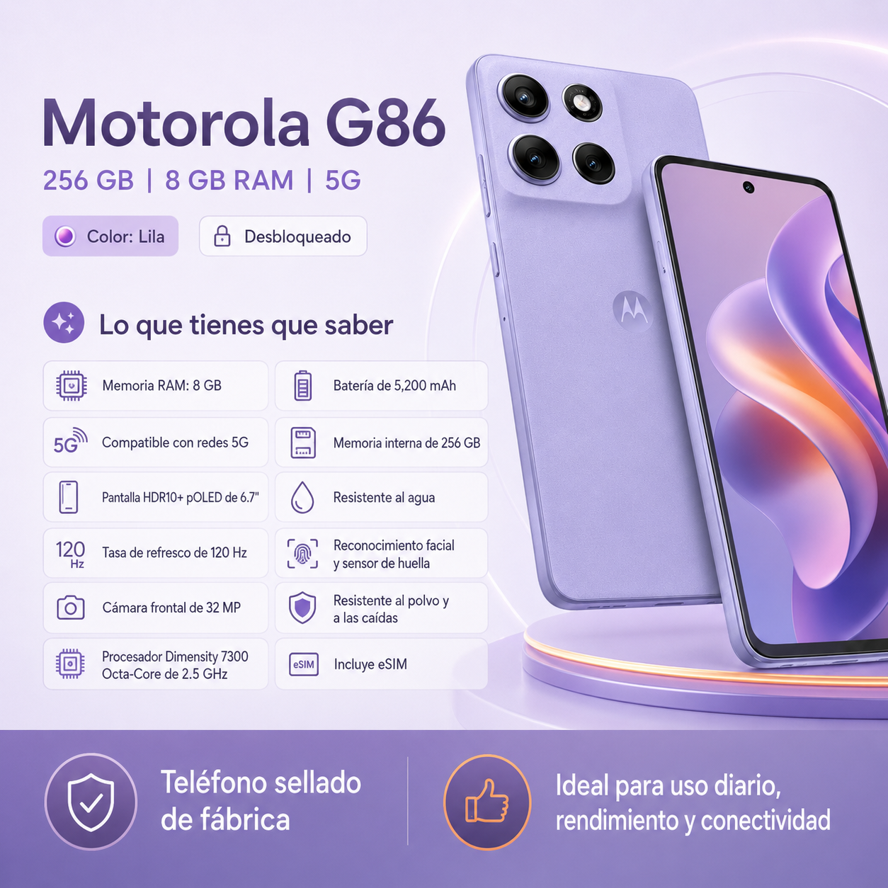 Celular Motorola G86 5G 256GB 8GB RAM Color Lila